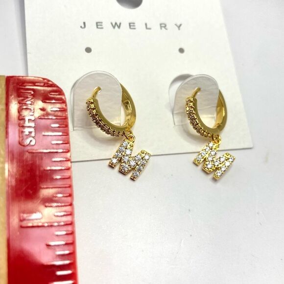 Gold Initial “M” Rhinestone Hoop Earrings - Picture 3 of 3